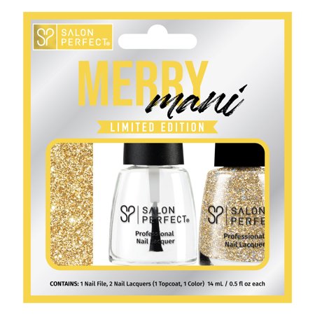 Salon Perfect Merry Mani 2-Pack Mani Nail Lacquer &Amp; File Set, All That Glitters Is Gold, Crystal Clear Topcoat, 0.5...