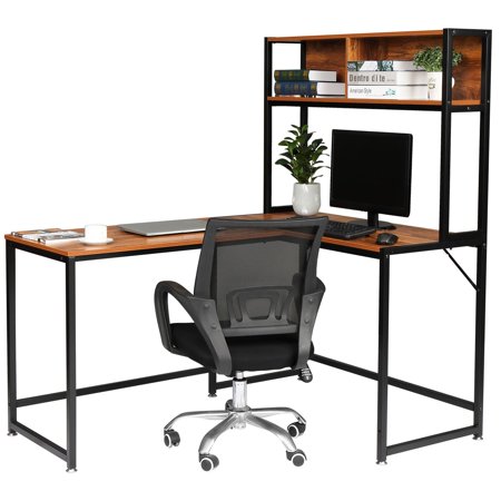 SalonMore L-Shaped Desk with Storage Shelves, Industrial Corner Computer Desk with Hutch, Large Home Office Writing Desk with Bookshelf & CPU Stand