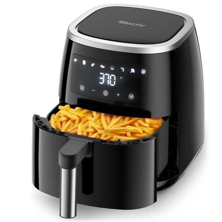 Sboly 8-in-1 Air Fryer, 6qt Air Fryer with Touch-Screen Panel and Temperature Control, Includes Nonstick Grill and Frying Basket, Recipes Cookbook for Roast, Bake, Preheat, Black
