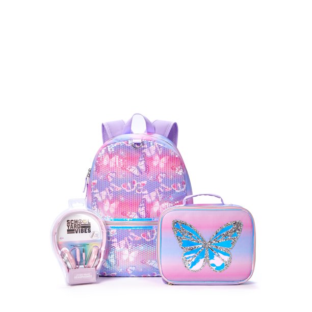 Schoolyard Vibes Girls Backpack 3-Piece Set with Lunch Bag & Headphone Set Purple Iridescent Glitter Butterfly on Sale At Walmart - Back To School Deal