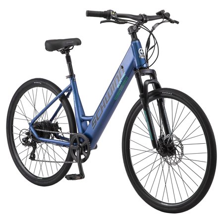 Schwinn Wanderlust Electric Hybrid Bike, 700c wheels, 7 speeds, 250-watt pedal assist motor, light blue