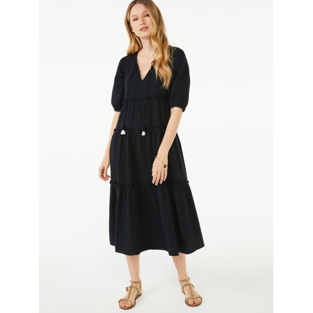 Scoop Women's Peasant Dress with Puff Sleeves