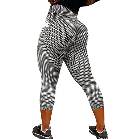 SEASUM Women High Waist Capris Leggings With Pockets Textured Yoga Workout Active Tights Gray S