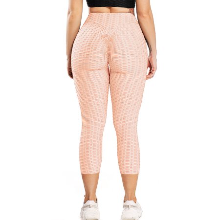 Seasum Women'S Yoga Capris Leggings High Waist Workout Pants Textured Butt Lift Tights Peachy Beige M