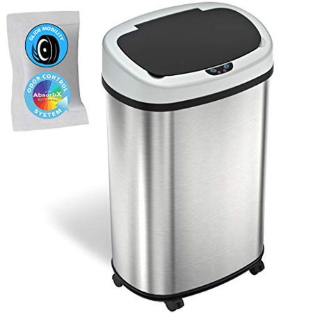 SensorCan 13 Gallon Stainless Steel Touchless Trash Can with AbsorbX Odor Filter and Removable Wheels