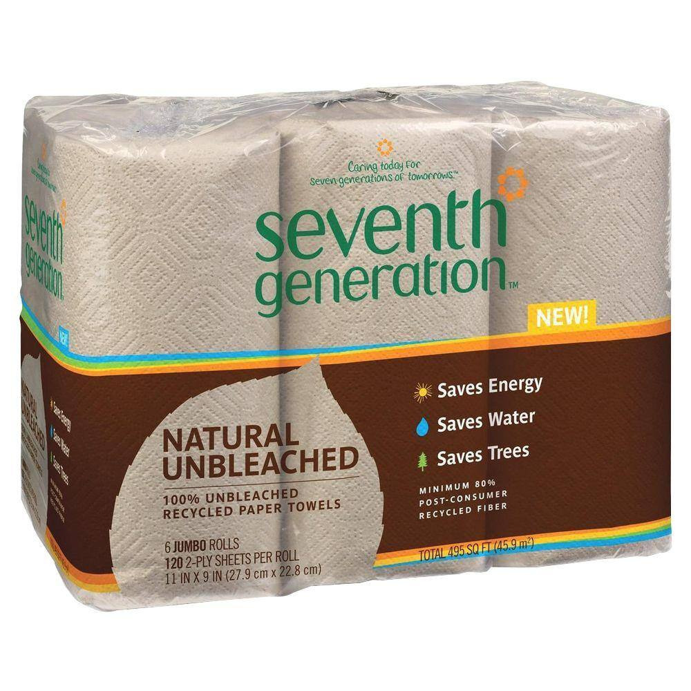 SEVENTH GENERATION Unbleached 100% Recycled Paper Towels 6 Rolls 2-Ply Brown New