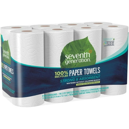 Seventh Generation 100% Recycled Paper Towels - 2 Ply - 156 Sheets/Roll - White - Paper - Absorbent, Chlorine-free, Chemical-free,...