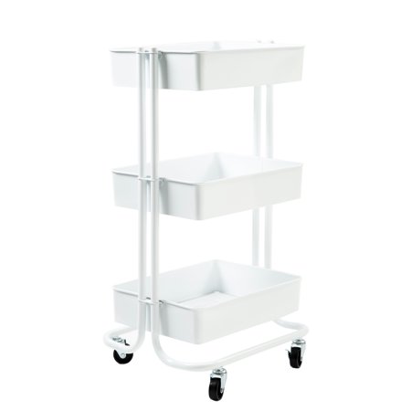 Seville Classics 3-Tier Rolling Steel Storage Bin Utility Kitchen Trolley with Wheels Cart, White