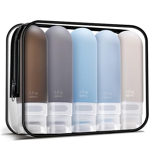 Yahaa 3Oz Travel Bottles For Toiletries,Silicone Leak Proof Squeezable Travel Containers,Tsa Approved Travel Essentials Bag For Shampoo Conditioner,5 Pack,Black Pack