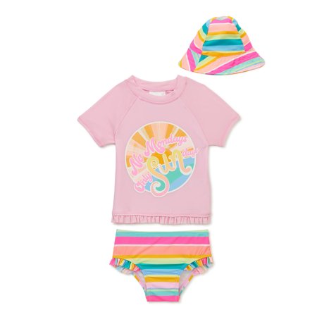 Shelloha Baby and Toddler Girls' Short Sleeve Rash Guard, Bikini Bottoms and Sun Hat with UPF 50+, 3-Piece