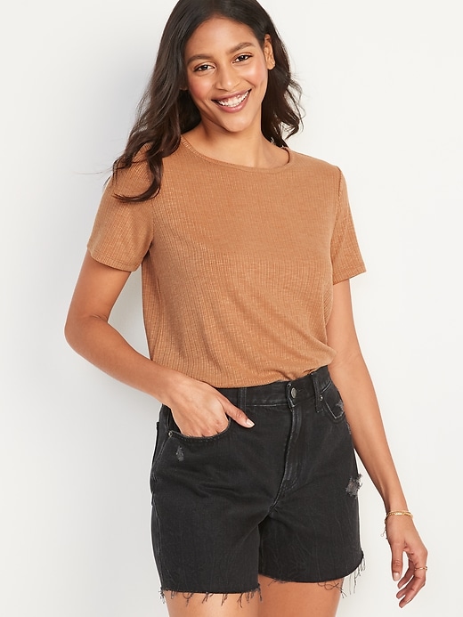 Short-Sleeve Luxe Crew-Neck Rib-Knit T-Shirt for Women On Sale At Old Navy
