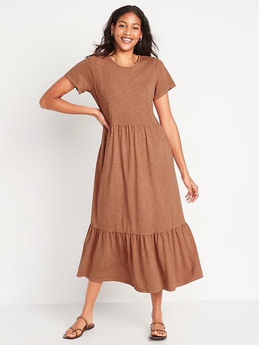 Short-Sleeve Slub-Knit Tiered Midi Swing Dress for Women