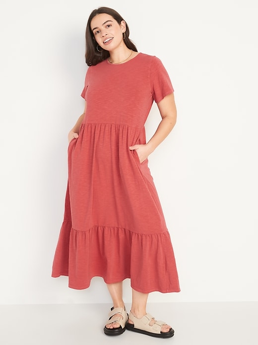 Short-Sleeve Slub-Knit Tiered Midi Swing Dress for Women