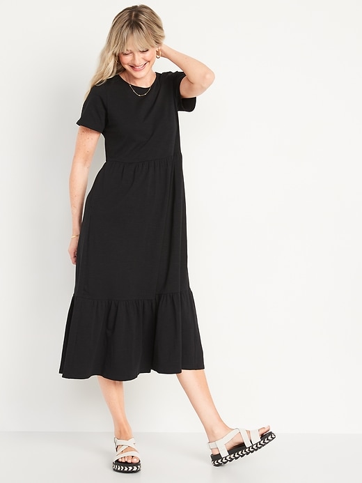 Short-Sleeve Tiered Slub-Knit Midi Swing Dress for Women
