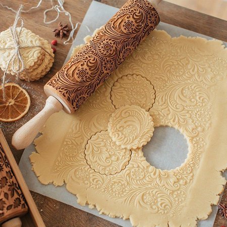 Siaonvr Christmas Rolling Pin Engraved Carved Wood Embossed Rolling Pin Kitchen Tool