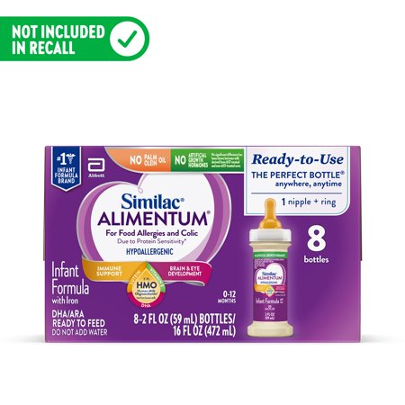 Similac Alimentum, 8 Count, Hypoallergenic Infant Formula, for Food Allergies and Colic, Starts Reducing Excessive Crying Within 24 Hours, Corn-Free & Lactose-Free, Ready-to-Feed, 2-fl-oz Bottle