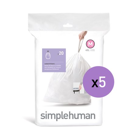 simplehuman Code M Custom Fit Liners / Trash Bags, 45 Liter / 12 Gallon, White, 100 Count
