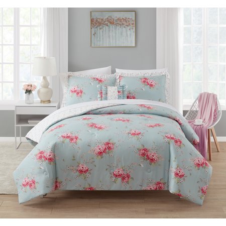 Simply Shabby Chic Belle Hydrangea 4-Piece Washed Microfiber Comforter Set, Full/Queen