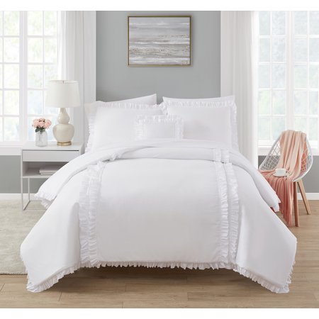 Simply Shabby Chic White Ruffle 4-Piece Soft Washed Microfiber Comforter Set, Full/Queen