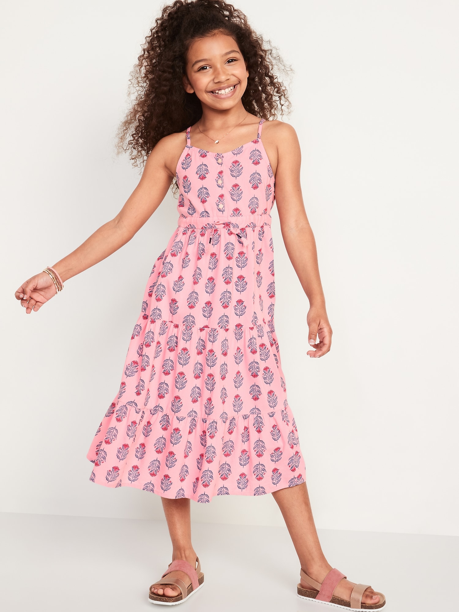 Sleeveless Button-Front Tiered Matching Print Midi Dress for Girls On Sale At Old Navy