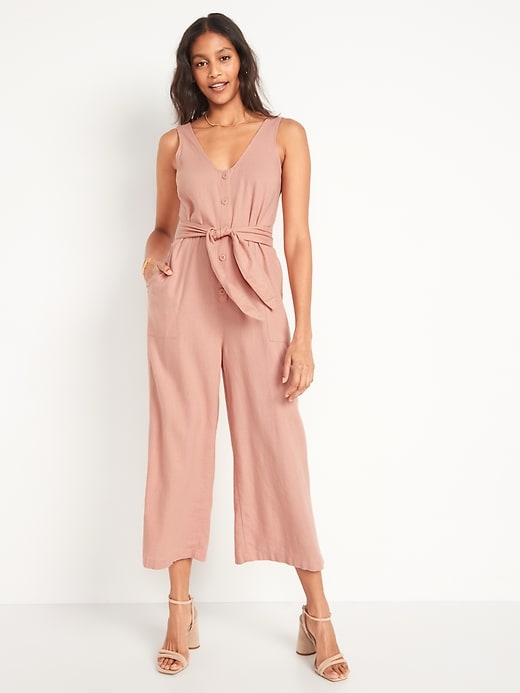 Sleeveless Cropped Linen-Blend Belted Jumpsuit for Women On Sale At Old Navy