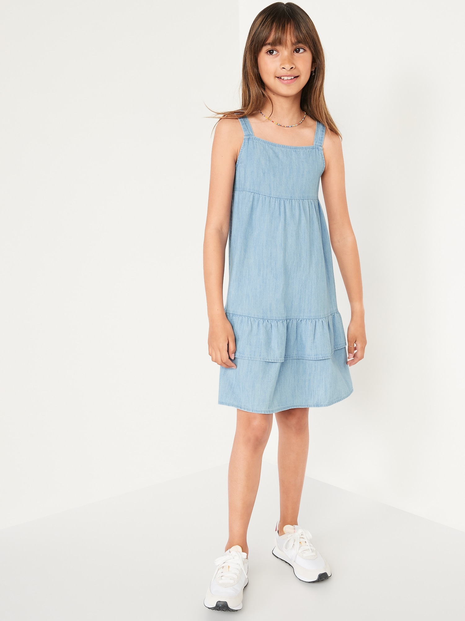 Sleeveless Tiered Chambray All-Day Midi Dress for Girls On Sale At Old Navy