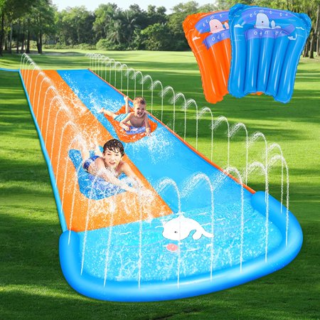 Slip and Slide Lawn Water Slides, 16.5FT Water Slip Slide for Kids Adults with 2 Bodyboards Water Racing Lanes Outdoor Sprinkler Water Toys with Crash Pad WaterSlide for Backyard Garden Summer