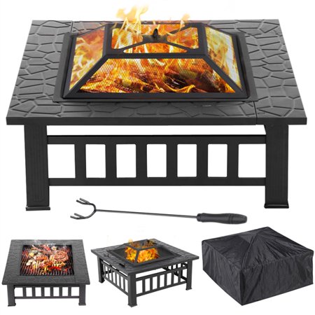 SmileMart Outdoor 32" Square Metal Fire Pit Table with Spark Screen, Black