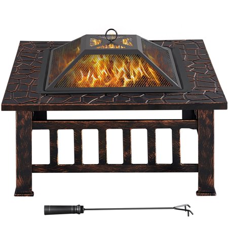 SmileMart Outdoor 32" Square Metal Fire Pit Table with Spark Screen, Copper