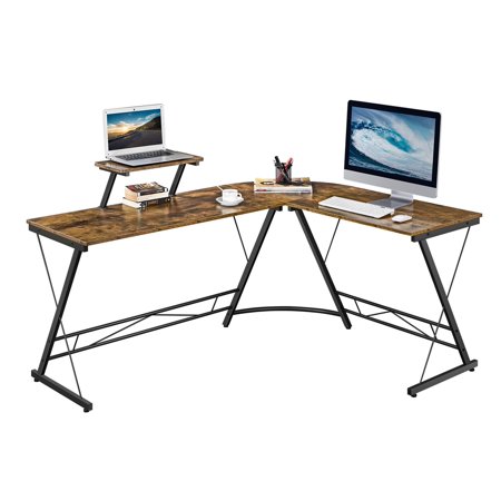 SmileMart Wide L-shaped Corner Home Office Computer Desk with Monitor Stand, Rustic Brown