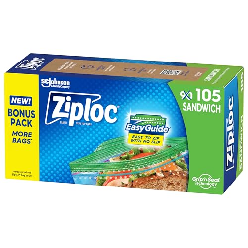 Ziploc Sandwich And Snack Bags With Easyguide Texture, Plastic Storage Bags With Grip 'N Seal Technology, 105 Bags Total