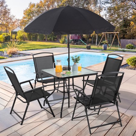 Sobaniilo 6 Piece Folding Outdoor Dining Set for 4, Metal Patio Garden Patio Furniture Table and Chair Set with Umbrella, Black