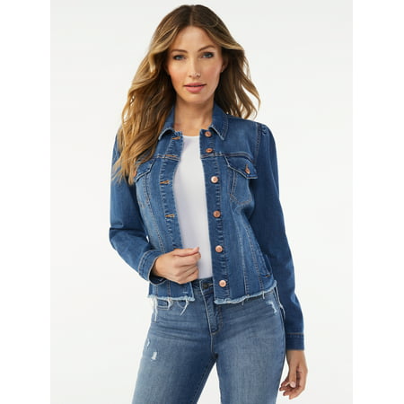 Sofia Jeans by Sofia Vergara Women's Cropped Fray Hem Jacket with Puff Sleeves