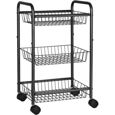 SONGMICS 3-Tier Metal Rolling Cart on Wheels with Baskets, Lockable Utility Trolley with Handles for Kitchen Bathroom Closet, Storage with Removable Shelves, Black, UBSC03BK