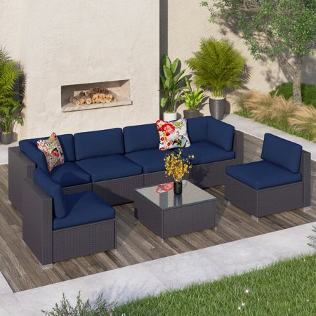 Sophia & William 7 Pieces Outdoor Patio Rattan Sectional Sofa Set, Wicker Rattan Patio Furniture Sofa Chairs Sets with Tea Table and Washable Couch Cushions, Navy Blue HOT DEAL AT WALMART!