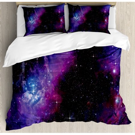 Space Duvet Cover Set Queen Size, Nebula Dark Galaxy with Luminous Stars and Cosmic Rays Astronomy Explore Theme, Decorative 3 Piece Bedding Set with 2 Pillow Shams, Magenta Blue, by Ambesonne