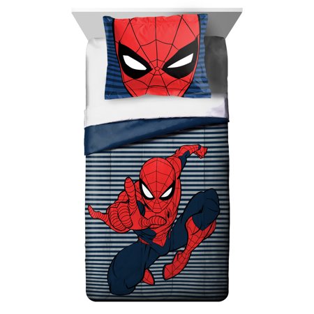 Spider-Man Stripes Kids 2-Piece Reversible Twin/Full Comforter and Sham Bedding Set, 100% Polyester, Red, Marvel