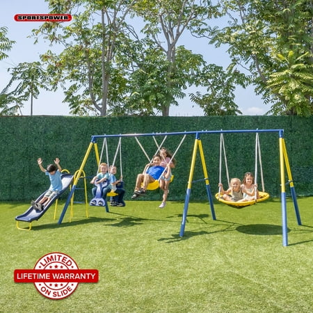 Sportspower Super Star Metal Swing Set with Saucer Swing, Glider Swing, and Lifetime Warranty on Blow Molded Slide