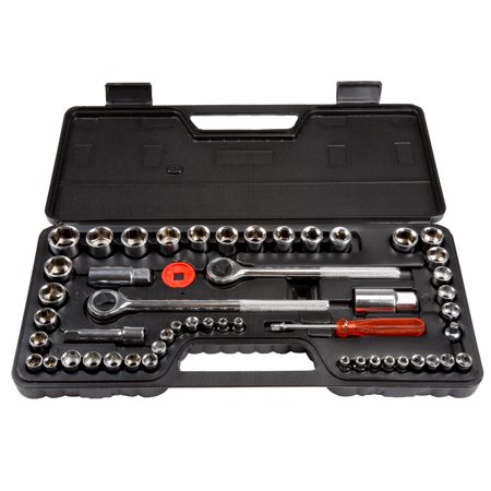 Stalwart 52-Piece Drive Socket Set with Tool Box – 1/4, 3/8, and 1/2 – SAE and Metric