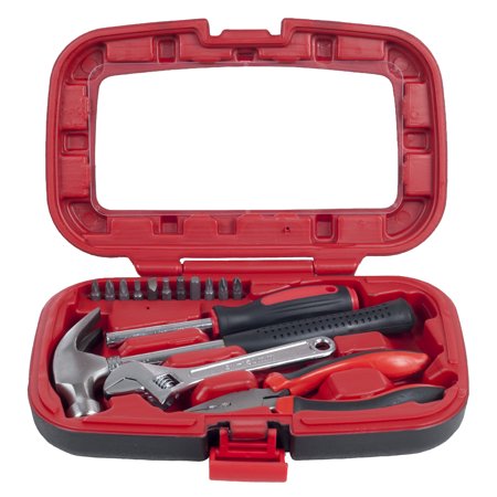 Stalwart Home Improvement Tool Kit – 15-Piece Tool Set with Hammer, Wrench, Screwdriver, Pliers, and Tool Box (Red/Black)