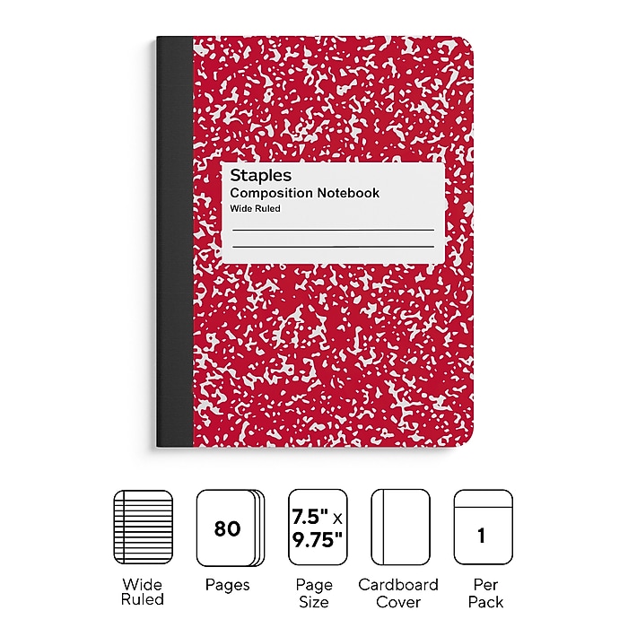 Staples Composition Notebook, 7.5" x 9.75", Wide Ruled, 80 Sheets, Each (TR55077)