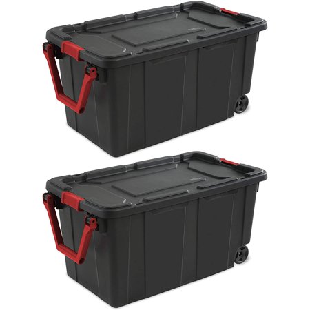 Sterilite 14699002 40 Gallon/151 Liter Wheeled Industrial Tote, Black Lid & Base w/ Racer Red Handle & Latches, 2-Pack