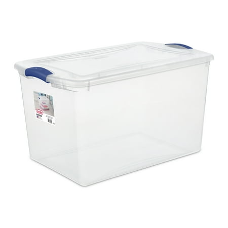 Sterilite 66 Qt. Clear Plastic Latch Box, Blue Latches with Clear Lid