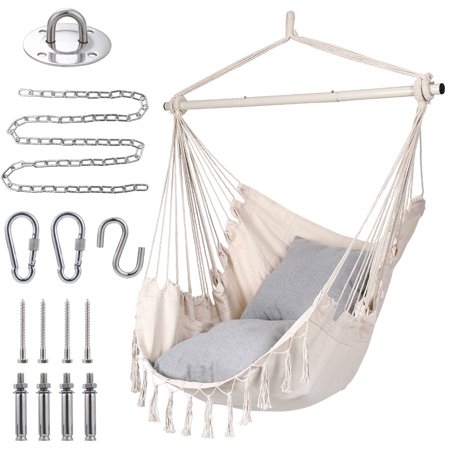 Sterling Hammock Swing Chair, 2 Cushions Included, Max 350 Lbs Capacity, Pocket for Books Macrame Hanging Rope Swing for Indoors or Outdoor