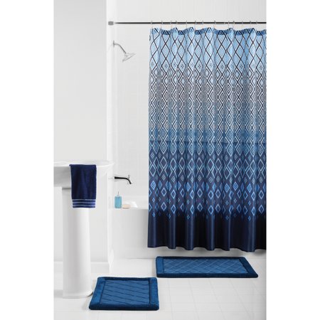 Stockholm Blue Geometric Polyester Shower Curtain Bath Set, Blue, 15 Pieces, Mainstays
