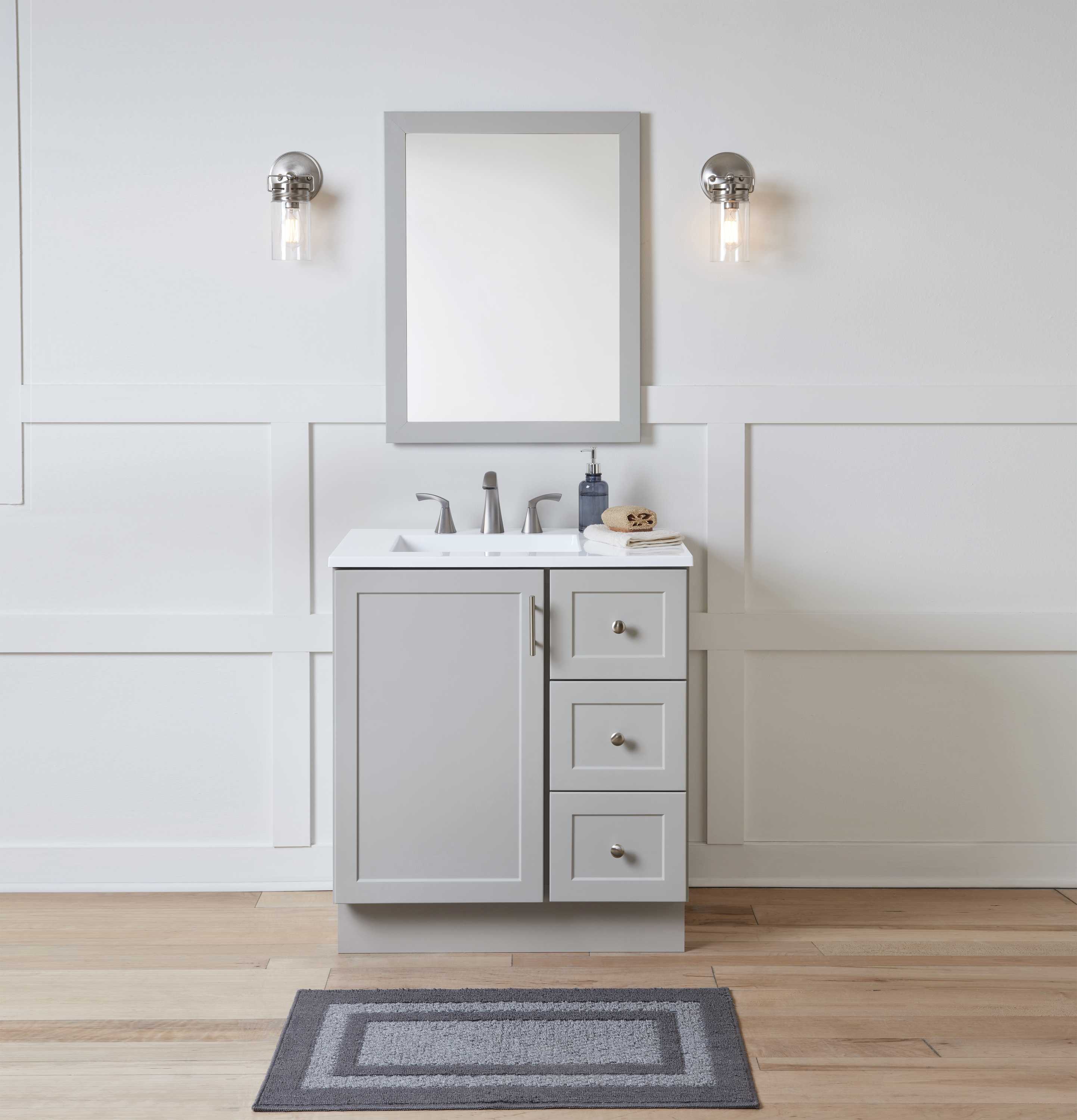 Style Selections Davies 30-in Gray Single Sink Bathroom Vanity with White Cultured Marble Top (Mirror Included) on Sale At Lowe's