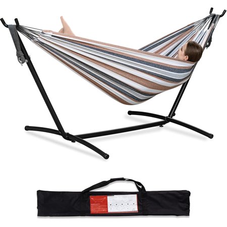 SUGIFT 2-Person Hammock with Space Saving Steel Stand Garden Yard Outdoor 450lb Capacity Double Hammocks and Portable Carrying Bag , Desert Stripes