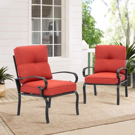 SUNCROWN 2-Piece Patio Chairs Metal Dining Chair Outdoor Black Wrought Iron Bistro Sets with Red Patio Furniture Cushions