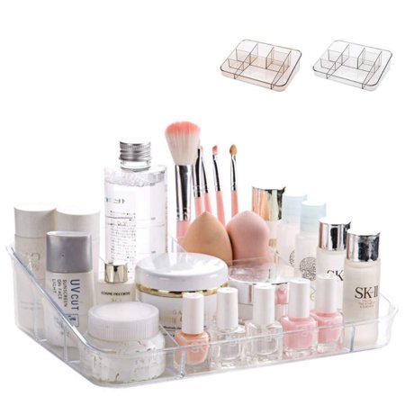 SUNFICON Makeup Organizer Tray Brush Holder Cosmetic Display Case Storage Box for Vanity Countertop Bathroom Drawers, 8 Compartments, Crystal Clear Acrylic
