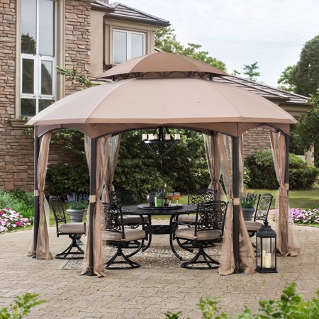 Sunjoy Broadway 13 ft. x 13 ft. Brown Steel Gazebo with 2-tier Tan and Brown Dome Canopy with Mosquito Netting